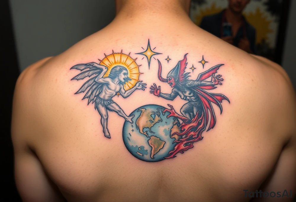 Heaven and hell fighting each other on earth tattoo idea