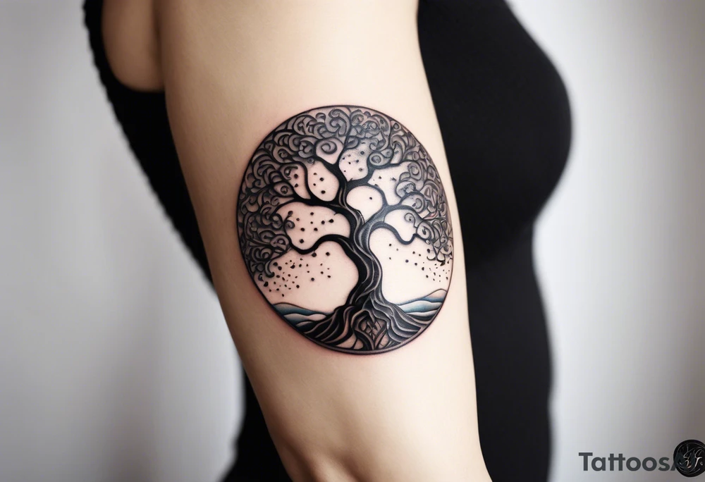 A tattoo of an abstract Tree of Life tattoo to be placed directly on the bicep of a woman. It can wrap around the arm a little. It should have roots growing out of the bottom. The roots slowly turn into water from the Great Wave by Hokusai. A golf flag should be placed discreetly growing out of the ground. 2 license plate tags should be hanging from the tree. Place a few music notes in the areas the leaves should be. The letters A U should be engraving into the tree trunk in a heart. Not inside a circle. The overall shape of the tattoo should be organic. Black and white only. tattoo idea