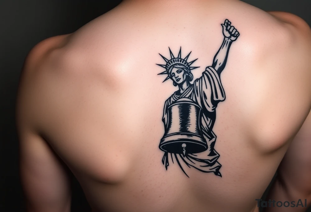 Black and grey tattoo design of Lady Liberty as a zombie, left arm outstretched, holding a cracked Liberty Bell resembling the bell from Metallica’s ‘For Whom the Bell Tolls’. Dark, gritty style with dramatic shadows, decayed and tattered robe details, gothic realism tattoo idea