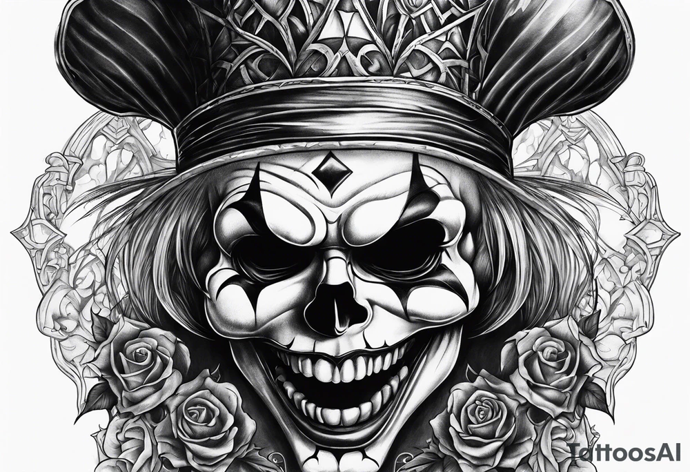 Gothic skull clown with haunted house tattoo idea