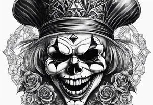 Gothic skull clown with haunted house tattoo idea