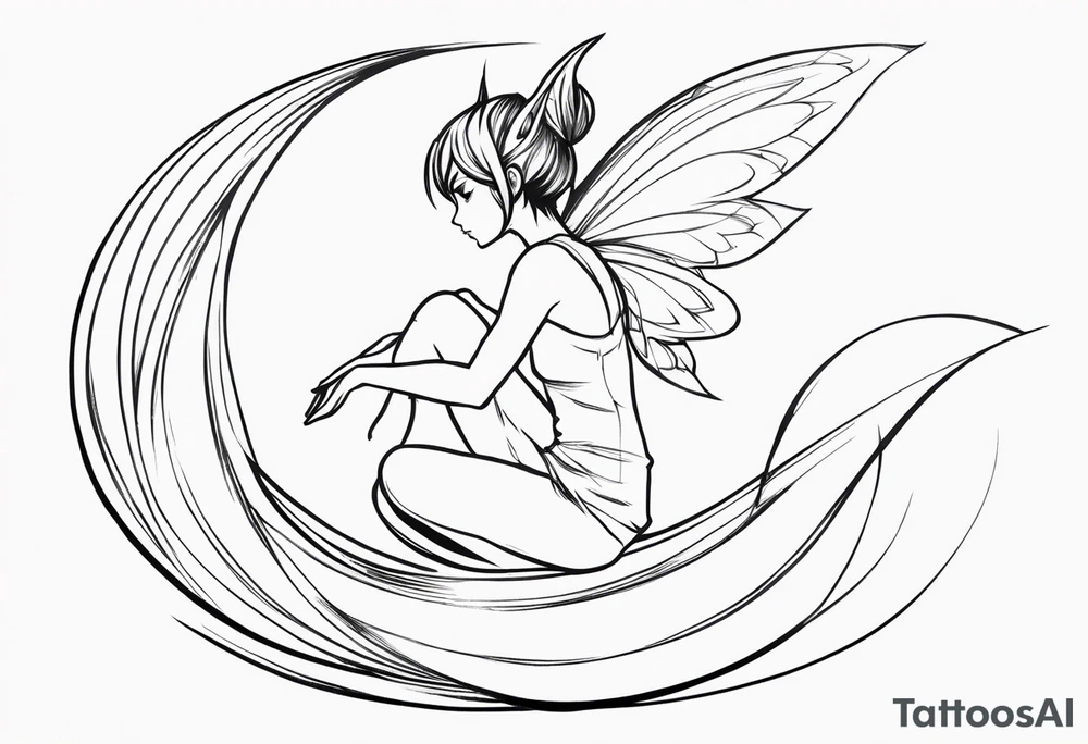 No color sketch of a fairy with a tail inspired by the guild symbol in the anime show called Fairy Tail in a fetal position leaning forward while crawled in hugging herself with hands a bit forward and her body is an angle while floating in the air tattoo idea
