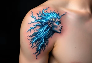 A surreal figure of Aquarius formed by merging water and electricity, crackling with blue and white lightning. tattoo idea