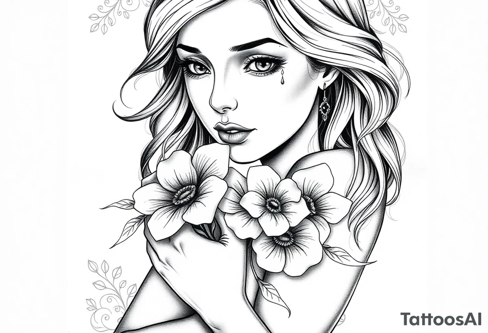 highly detailed black and grey tattoo-style illustration, same woman holding flowers with eyes in the petals, same pose, same proportions, delicate fine-line shading, stippling, flowing hair, single tear, graphite and ink on textured paper, ornate but subtle floral border, light background shading, art print aesthetic, no changes to face, hands, or flower positions --ar 2:3 --style raw --iw 2 tattoo idea