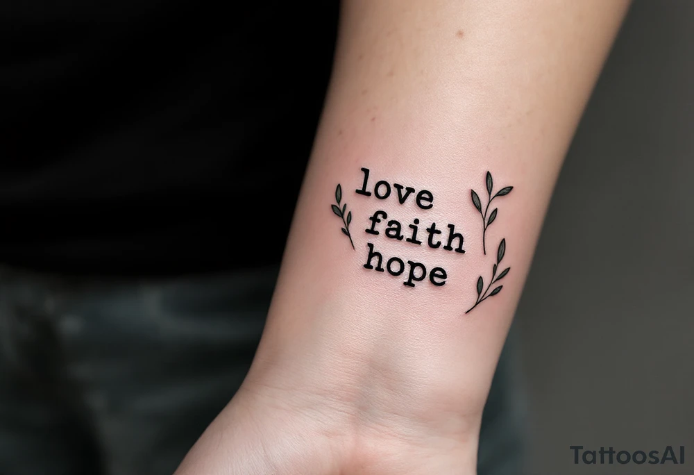 Minimalist black typewriter font love faith hope surrounded by delicate olive branches in deep green. tattoo idea