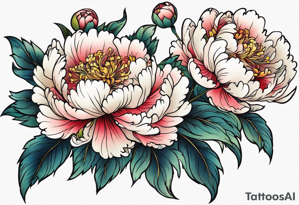 Shoulder and forearm tattoo for woman. Japanese style peony flowers bunch with stems extended to the forearm. Lightly coloured. Thin lines. Add long stems tattoo idea