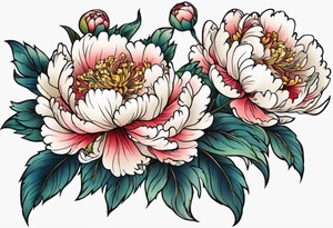 Shoulder and forearm tattoo for woman. Japanese style peony flowers bunch with stems extended to the forearm. Lightly coloured. Thin lines. Add long stems tattoo idea