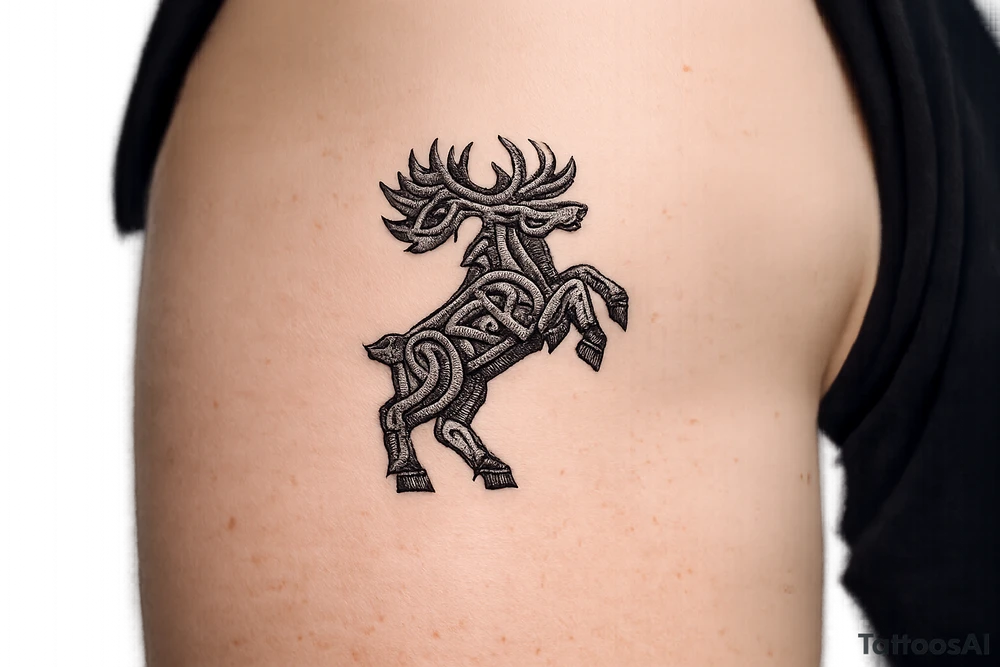 Caribou in Norse knot work open line concept mammen style stipple shading with animal on rear legs just animal no base or background make it just a antler tattoo idea