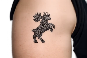 Caribou in Norse knot work open line concept mammen style stipple shading with animal on rear legs just animal no base or background make it just a antler tattoo idea