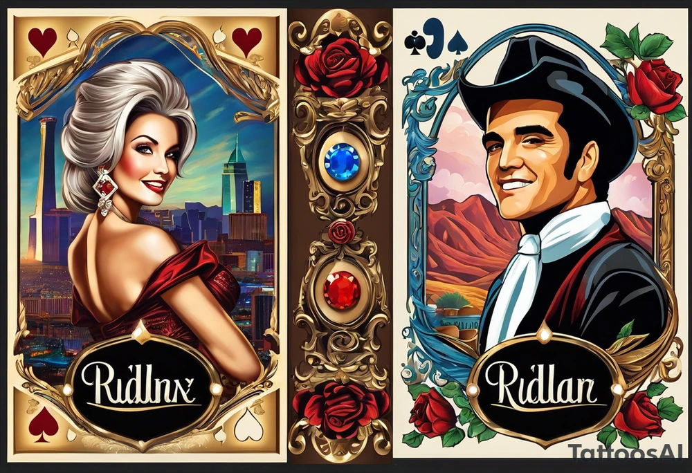 I want to create a concept for a tattoo in remembrance of my dead grandma. She loved to gamble in Las Vegas Nevada, Ruidsos New Mexico, and Albuquerque New Mexico. She played slot machines. She loved to travel and drove for work a lot. She loved Dolly Parton, Elvis Presley, George Straight, Johnny Cash, Loretta Linn, and all things country. She grew up in Kentucky and eventually moved to Texas. She was stubborn, gentle, and unselfishly serving others her whole life. She was born on May 8th, 1960. She was a primary mother figure to me. tattoo idea