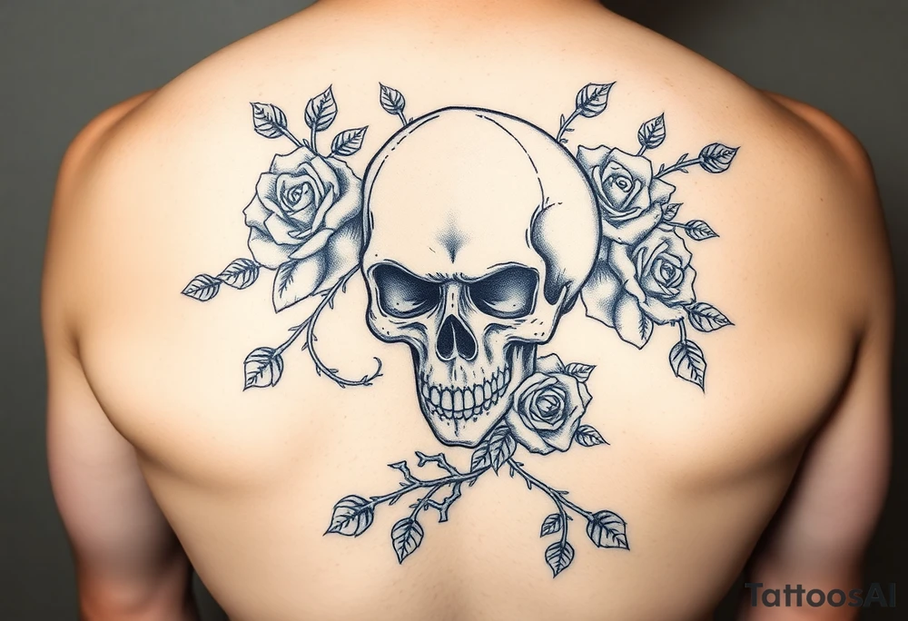 gothic skull intertwined with climbing roses and thorny vines tattoo idea