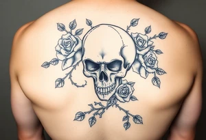 gothic skull intertwined with climbing roses and thorny vines tattoo idea