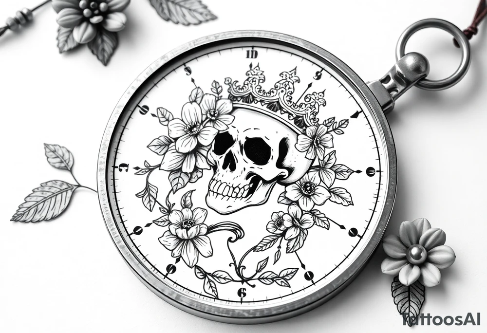 Compass with detailed beautiful gothic boho flowers on vine and skull with gorgeous crown tattoo idea