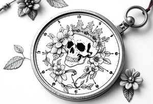 Compass with detailed beautiful gothic boho flowers on vine and skull with gorgeous crown tattoo idea