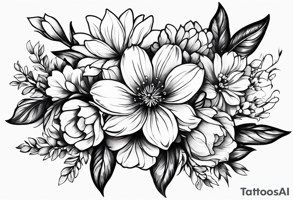 Small tattoo flower bunch using July flower, November flower, May flower, May flower, August flower and February flower tattoo idea
