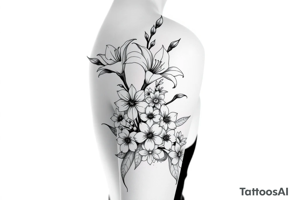spider lilies with cherry blossoms and spider plant in a floral wrap on the arm tattoo idea