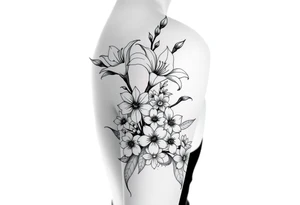 spider lilies with cherry blossoms and spider plant in a floral wrap on the arm tattoo idea