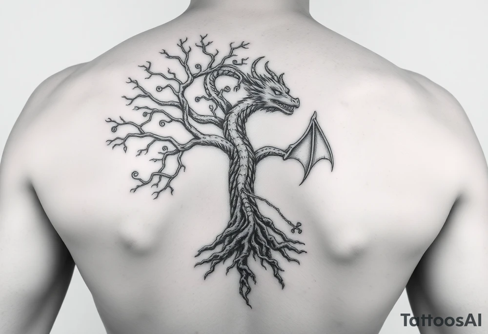 tree of life with roots absorbing a dragons tale while the dragon eats the top of the tree tattoo idea
