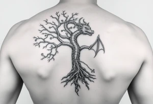 tree of life with roots absorbing a dragons tale while the dragon eats the top of the tree tattoo idea