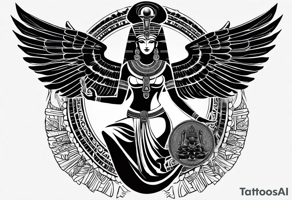 black and white Egyptian goddess Isis, who is often depicted as a woman with outstretched wings, holding an ankh (a symbol of life) in one hand and a lotus flower in the other. Her headdress often includes a throne or a solar disk. The tattoo design can vary in style and size, but it typically aims to capture the essence of this revered Egyptian deity, emphasizing her beauty, power, and maternal qualities. The choice of colors and additional elements can also be customized to create a unique and visually striking representation of the goddess Isis tattoo idea
