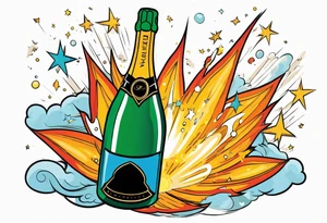 A champagne bottle exploding in space, above the world tattoo idea