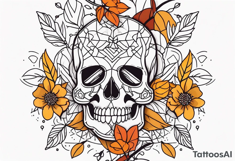 Knee tattoo with fall colors, flowers, skulls and geometric shapes. tattoo idea
