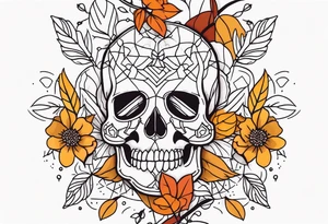 Knee tattoo with fall colors, flowers, skulls and geometric shapes. tattoo idea