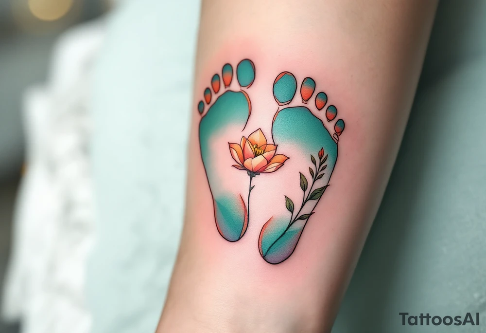 Soft coral and pastel green footprints of Dominik, accompanied by a small, blooming flower symbolizing his growth and beauty. tattoo idea