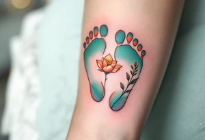 Soft coral and pastel green footprints of Dominik, accompanied by a small, blooming flower symbolizing his growth and beauty. tattoo idea