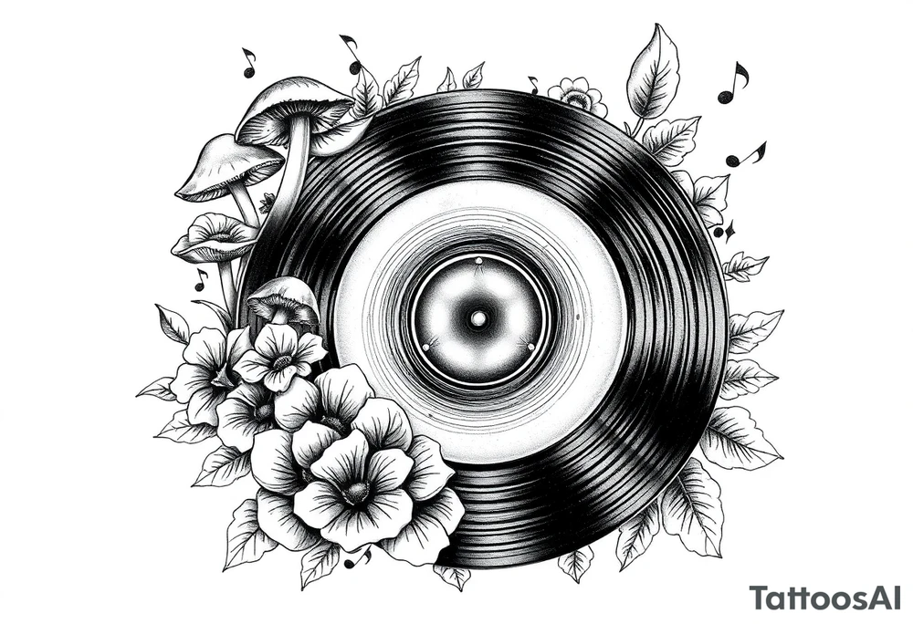 vinyl record player with mushrooms, flowers, and music notes around it tattoo idea