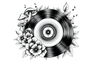 vinyl record player with mushrooms, flowers, and music notes around it tattoo idea
