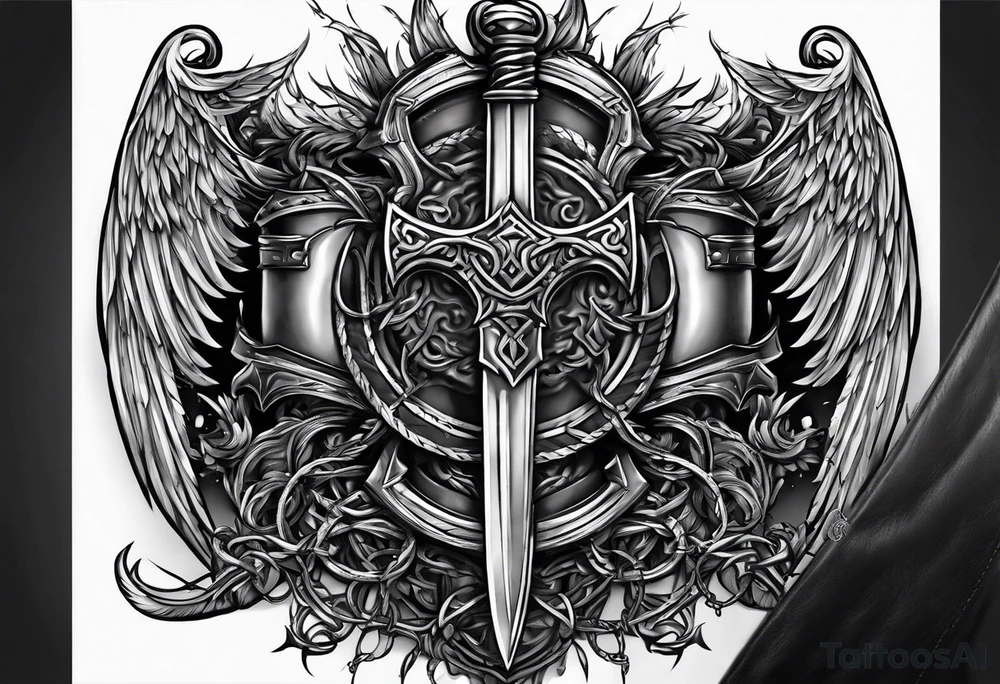 Valhalla sword shield axe barbed wire chains dark cloud tattoo idea
