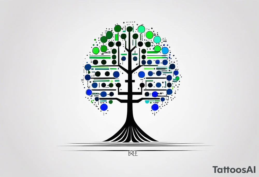 B-tree algorithm with binary code in black, blue and green colors tattoo idea