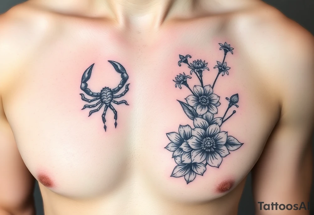 A medium tattoo including the constellation of Scorpio & Virgo as well as the flowers associated with October & September into one tattoo idea