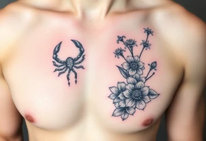 A medium tattoo including the constellation of Scorpio & Virgo as well as the flowers associated with October & September into one tattoo idea