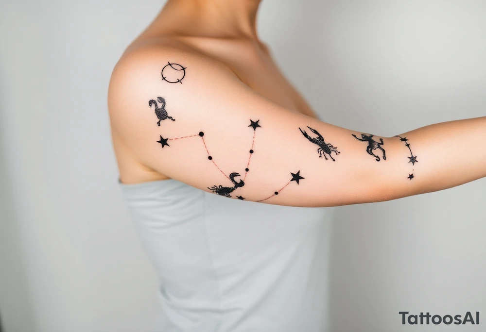 Stars constellation tattoo with libra, cancer, Taurus, 2 scorpio and capricorn tattoo idea