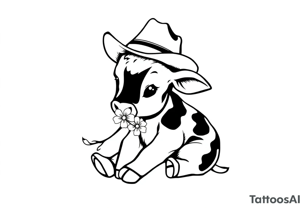 cute black and white baby cow sitting wearing a cowboy hat with a flower in mouth tattoo idea