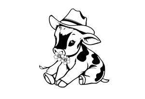 cute black and white baby cow sitting wearing a cowboy hat with a flower in mouth tattoo idea