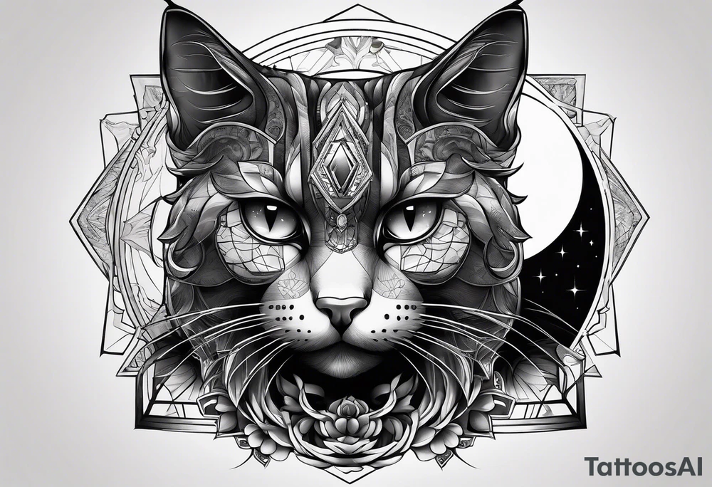 dark cat with a bad face surrounded by  planets tattoo idea