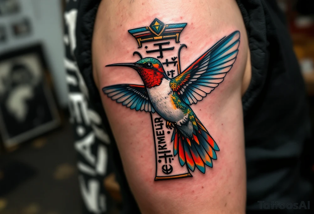 A hummingbird flying through a cartouche (Egyptian nameplate) that spells out a meaningful word like “Life” or “Strength.”(only red , blue and black are possible colors) tattoo idea