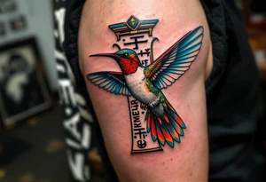 A hummingbird flying through a cartouche (Egyptian nameplate) that spells out a meaningful word like “Life” or “Strength.”(only red , blue and black are possible colors) tattoo idea