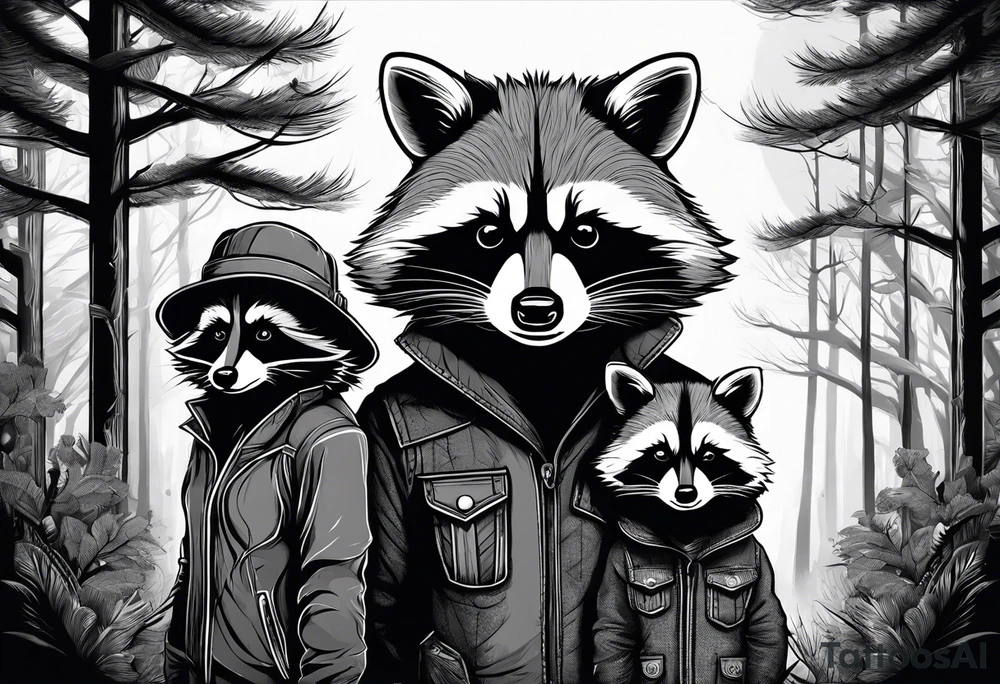 Very detailed Raccoon Husband with wife and child.
Background modern House between woods tattoo idea