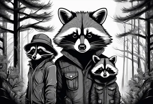 Very detailed Raccoon Husband with wife and child.
Background modern House between woods tattoo idea