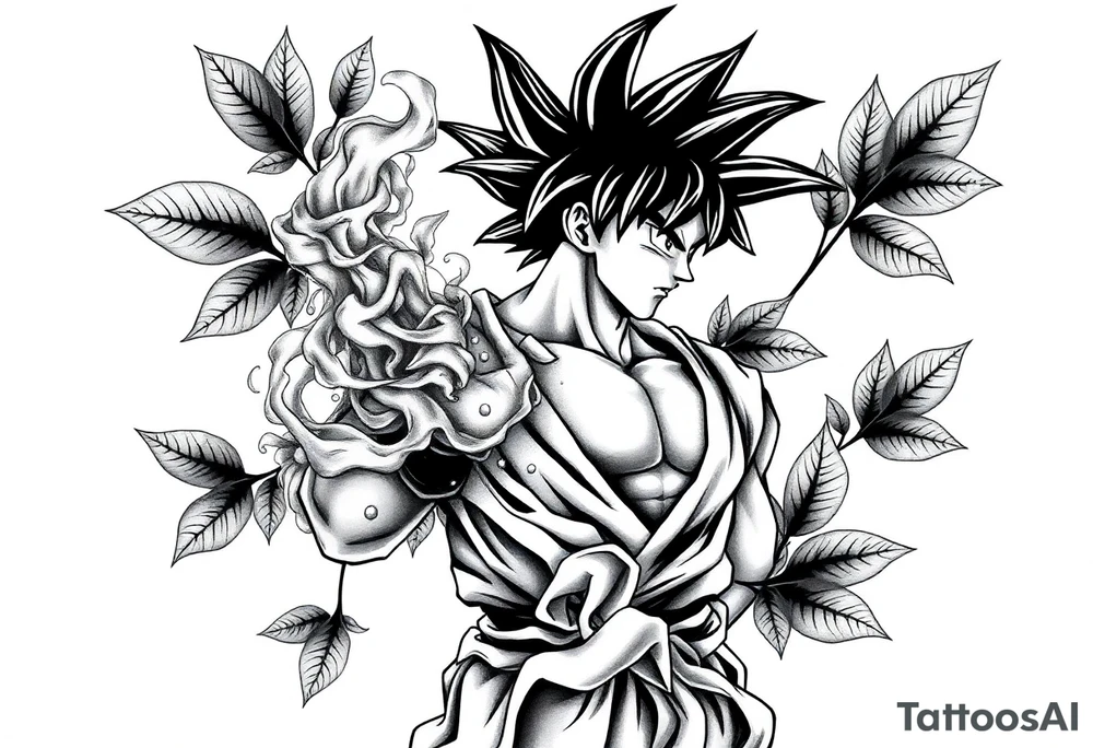 Tattoo design of Son Goku with smoke flowing through his body, surrounded by leaves in negative space effect, featuring soft shading around the edges and dotwork shading inside, with multiple contrast levels throughout. Highly detailed, intricate design with dynamic composition, emphasizing the interaction between the smoke and character, with the negative space leaves creating depth and balance. Professional tattoo art style with clean lines and sophisticated shading techniques. tattoo idea