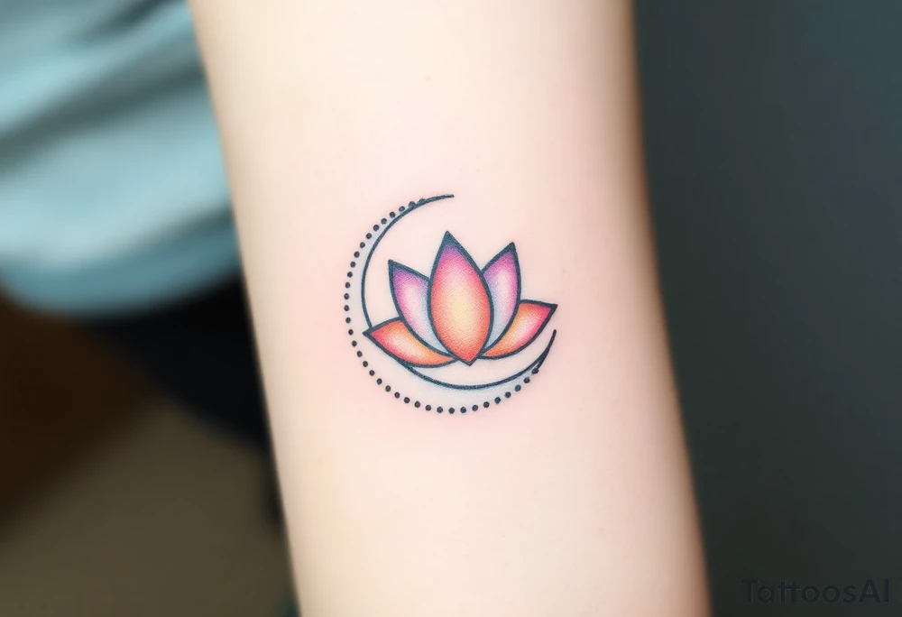 small colorful crescent moon with lotus flower tattoo idea