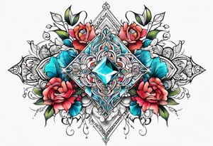 ornaments of flowers with crystals 
chest piece tattoo idea