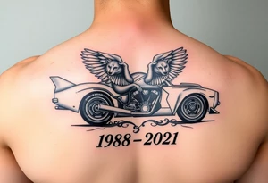 Dale Earnhardt car on it with the year 1958 - 2021 intertwined with a motorcycle on it with guardian angel wolves tattoo idea