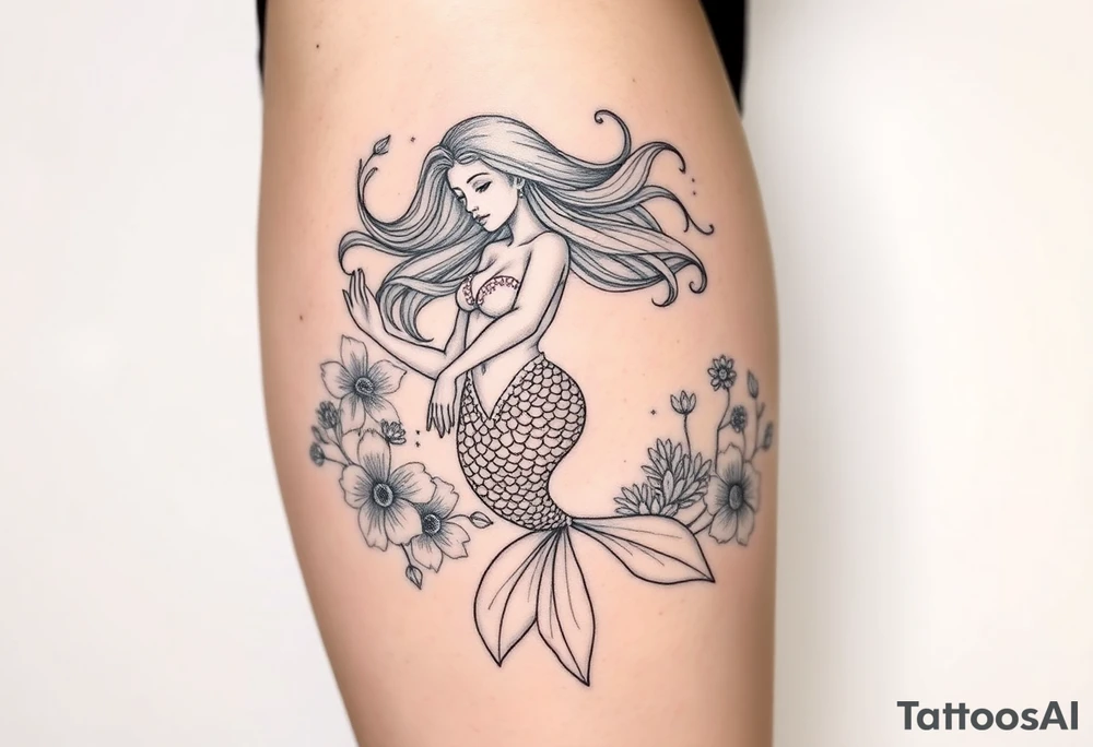 ethereal mermaid with flowing hair among coral and sea flowers tattoo idea