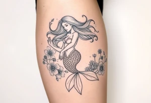 ethereal mermaid with flowing hair among coral and sea flowers tattoo idea