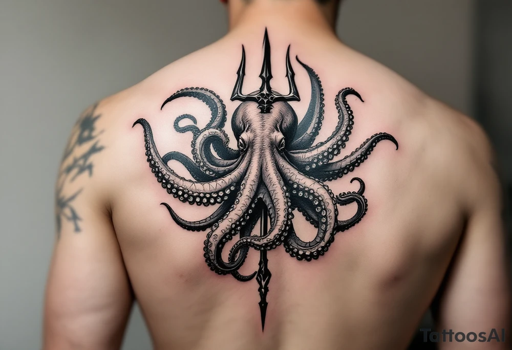 giant octopus around a trident tattoo idea